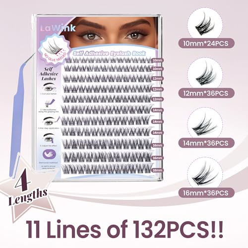 LAWINK Self Adhesive Eyelash Clusters 132pc 10-16mm D-Curly Wispy Lashes