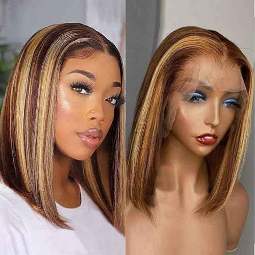 Ombre Honey Blonde Bob Wig Human Hair Highlight 13x4 Hd Lace Front Wigs Human Hair Pre Plucked 14 Inch Middle Part 4/27 Colored Glueless Lace Frontal Wigs(14 Inch, 4/27 Highlight)