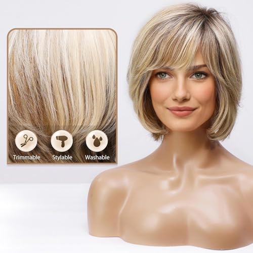 Haircube Short Ombre Blonde Wig with Lace Front, Hand-Tied, Layered Bob w/ Bangs (Blonde Mixed Brown)