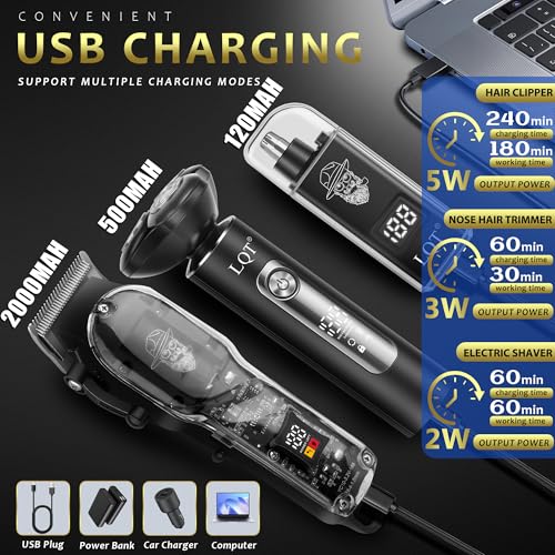 Hair Clippers for Men with LED Power Display, 3-Piece Professional Grooming Kit with Magnetic Attachment Shaver & Nose Trimmer, Complete Cordless Rechargeable Barber Set for Home (Black)