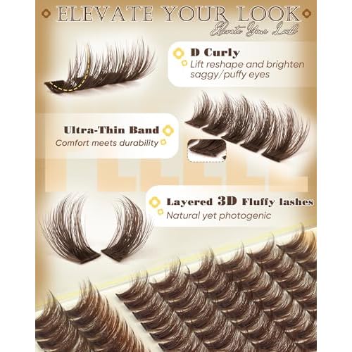 Brown Lash Clusters Fluffy Eyelash Clusters Natural Cluster Eyelashes Extensions 12-18MM D-Curly Manga Cluster Lashes Wispy False Lashes Clusters