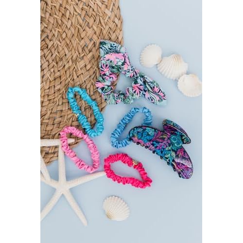Lilly Pulitzer Blue/Pink/Green Women's Hair Tie Scrunchie with Bow Detail, Bringing Mermaid Back