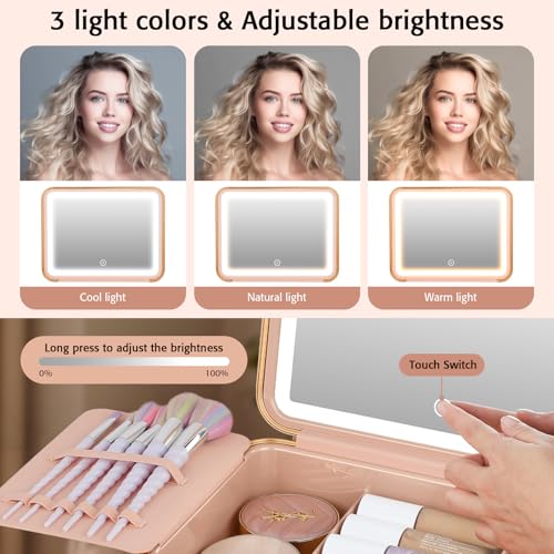 Longyu Makeup Box with Lighted Mirror Travel Train Case Cosmetic Organizer and Makeup Suitcase with Adjustable Dividers and 5X Mirror (Pink)