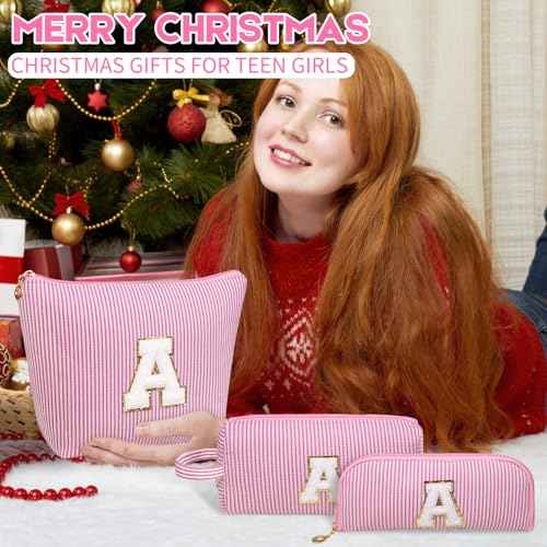 Initials Makeup Bag Set, Personalized Purple Cosmetic Bag, Cute Large Make up Bags, Travel Toiletry Bag for Women Girl Gifts A (Purple)