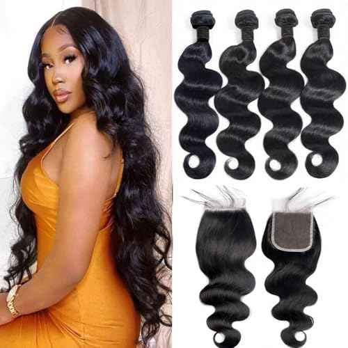 12A human Hair Bundles With Closure(20 22 24 26 + 18) Body Wave Bundles Human Hair With 4x4 Lace Closure Human Hair Brazilian Virgin Hair Weave Bundle With Closure Free Part