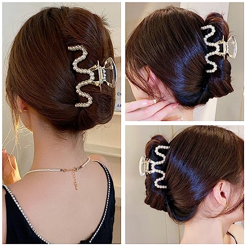 Rhinestone Hair Clips, Textention 3.4 Inch Pearl Claw Clips for Thick Hair, Crystal Metal Hair Jaw Clamps Fashion Hair Accessories for Women Bride Bridesmaid (2 Pack)