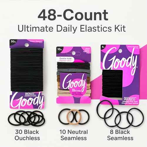 Goody Ultimate Daily Elastics Kit 48-Count | Ouchless No-Damage Hair Ties for Women & Men | 30 Black Elastics + 10 Neutral Seamless + 8 Black Seamless Ponytail Holders for All Hair Types