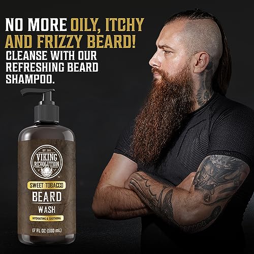 Viking Revolution Beard Wash and Beard Conditioner for Men with Argan Oil and Jojoba Oil - Beard Softener and Strengthener Beard Care Beard Shampoo and Conditioner with Beard Oil (17oz, Sweet Tobacco)