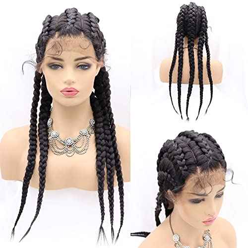 Xiweiya Long Black Braided Wig with Baby Hair Highlight 1B# Black Hair Synthetic 360 Full Lace Wig 5 Braids for Women,Drag Queen Makeup Christmas Party 24 Inches