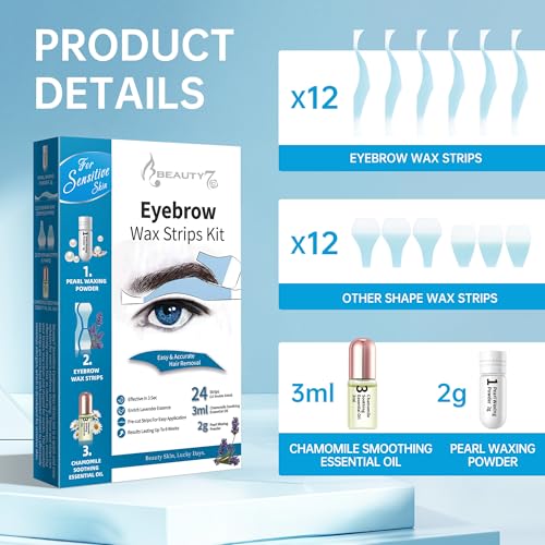 Beauty7 Men's Sensitive Eyebrow Wax Strips, Eyebrow Waxing Strips, 24 Strip with Pearl Powder Essential Oil, for Sensitive Skin