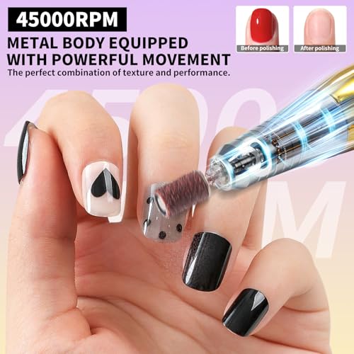 Professional Electric Nail Drill Kit 45000RPM with Bits and Base Yellow Portable Rechargeable Cordless Nail E- File Machine for Acrylic Gel Powder Nails and Manicure Pedicure Toenail Tool Set
