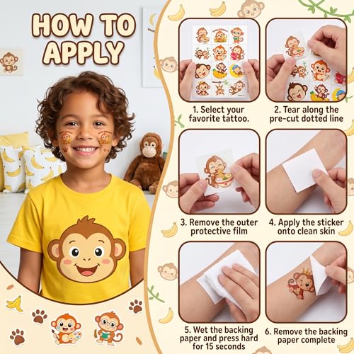 96 Monkey Temporary Tattoos for Kids - Jungle Animal Designs