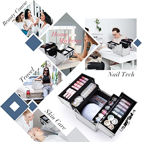 FRENESSA Portable Makeup Train Case - Lockable 4-Tray Aluminum Cosmetic Box