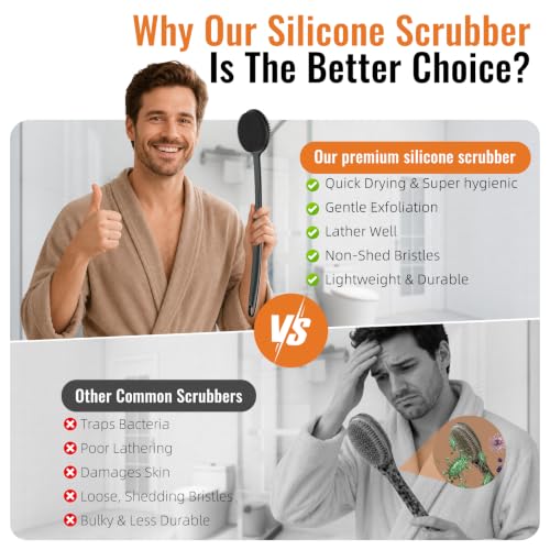 17" Silicone Back Scrubber with Long Handle Double-Sided Shower Brush