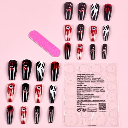 Halloween Press on Nails Coffin Medium Length Fake Nails Black False Nails with Designs Evil Eye Blood Drop Glue on Nails Scary Ghost Stick on Nails Full Cover Square Artificial Nails for Women 24pcs