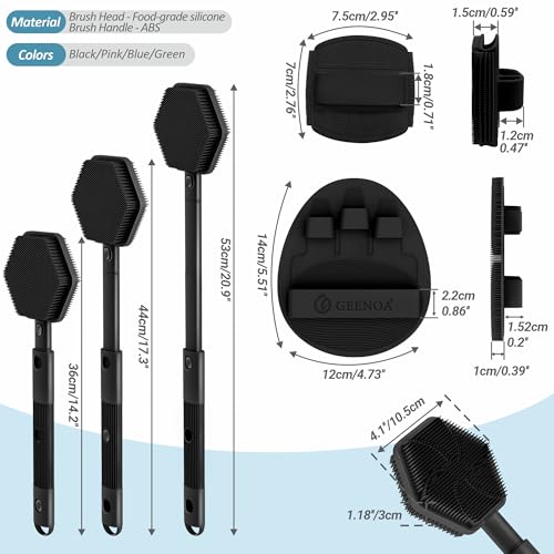 Silicone Back/Face Scrubber & Bath Glove Set 3PCS, Extendable Back Scrubber with Dual-Side Large Head, 360¡Æ Anti-Slip Bath Glove, Unique Side-bristle Face Scrubber for All-round Cleaning(Black)