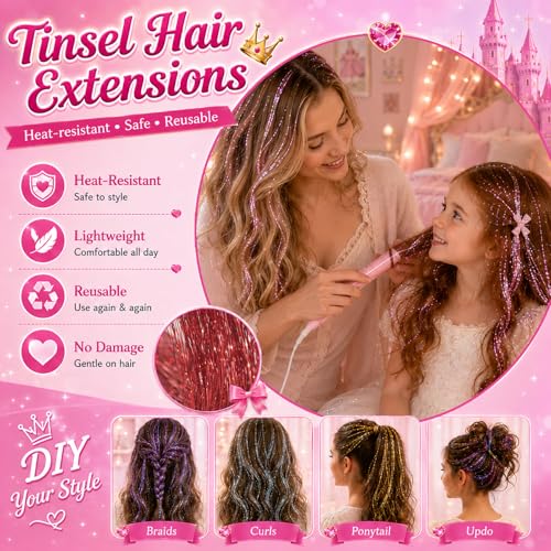 Red Hair Tinsel Kit - 7 Pcs Glitter Extensions for Festivals