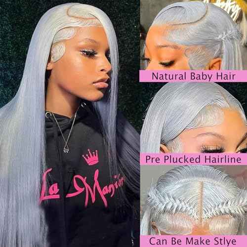 30 Inch Grey Lace Front Wigs Human Hair Straight 13x6 HD Transparent Lace Frontal Wig Human Hair Pre Plucked 180% Density Silver Grey Colored Glueless Lace Frontal Wigs for Black Women