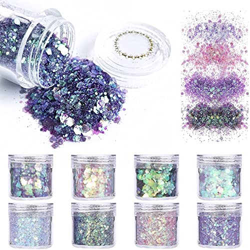 SAIFTRAD Nail Glitter-8 Jars 10ml Holographic Hexagon Face Glitter Used for Acrylic Nails Art Iridescent Flake Paillette Sparkle Tip Perfect for Nail Glitter, Makeup, Eyes, Hair, Jewellery, Resin.