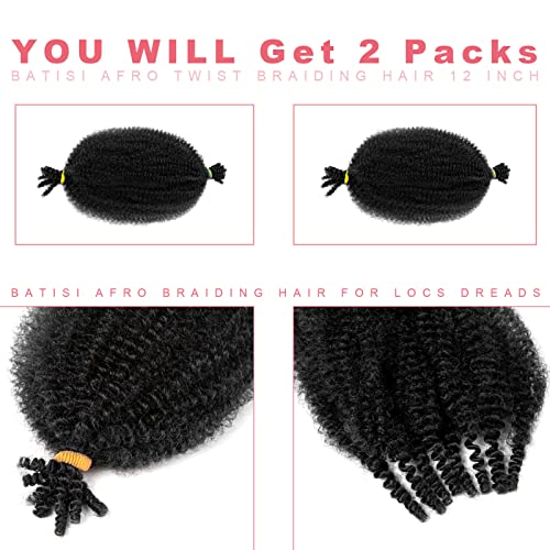 BATISI Afro Twist Braiding Hair 2 Pack 12 Inch Pre-Separated Marley Twist Braiding Hair Pre-fluffed Kinky Twist Hair Afro Spring Twist Hair for Faux Locs Wrapping Hair #1b Black