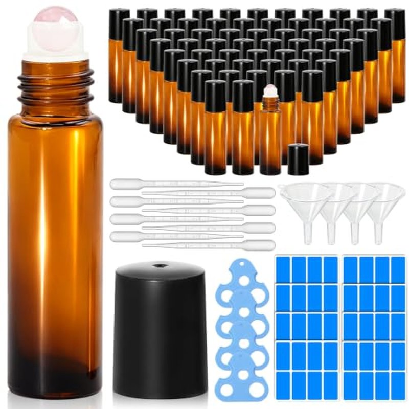 60 Pack Rose Quartz Essential Oil Roller Bottles - 10ml Amber Glass