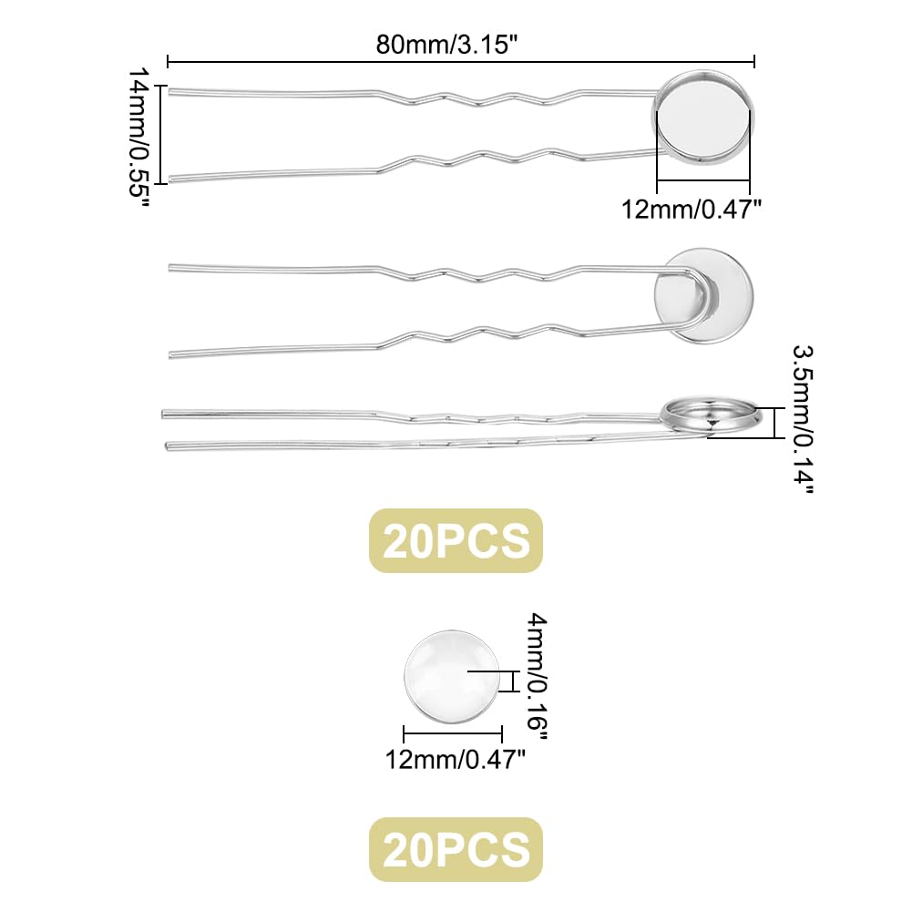 UNICRAFTALE 30 Sets 3 Colors Hairpins Round Bezel Tray Blank Hair Pins Brass DIY Cabochon Hair Pins Supplies with Glass Cabochons 12mm Tray Hair Bobby Pin 60mm Long Hair Fork for Jewelry Making