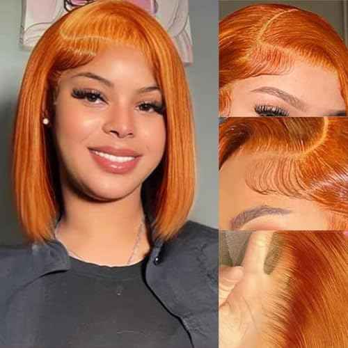 Ginger Wig Human Hair 13x4 HD Lace Front Bob Wigs 180% Density Lace Frontal Glueless Wigs Human Hair Pre Plucked Bob Wig 14 Inch Ginger Orange Short Straight Bob Wigs For Black Women