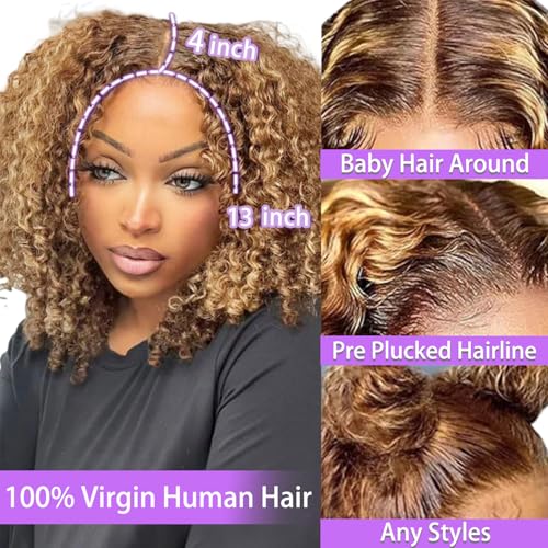 Curly Bob Wig Human Hair 13x4 HD Lace 14" Honey Blonde