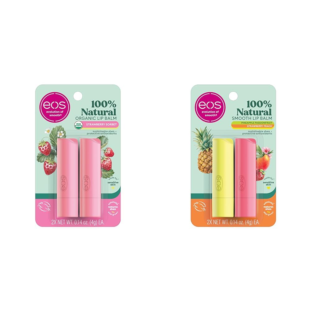 eos 100% Natural & Organic Lip Balm- Strawberry Sorbet & 100% Natural Lip Balm - Strawberry Peach and Pineapple Passionfruit, Dermatologist Recommended