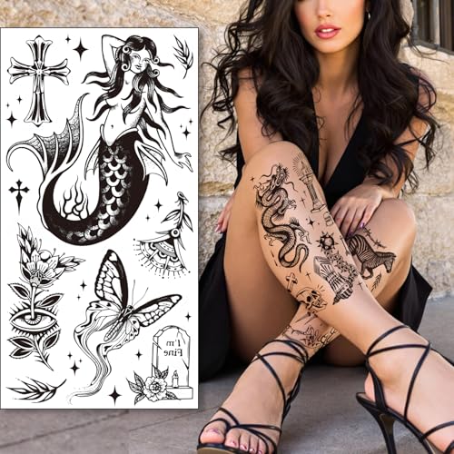 Tazimi 12 Sheets Large Black Old School Temporary Tattoos for Women Men& Adult, Traditional American Retro Styles Half Arm/DIY Free Combination Waterproof Classic Fake Tattoos Tattoo