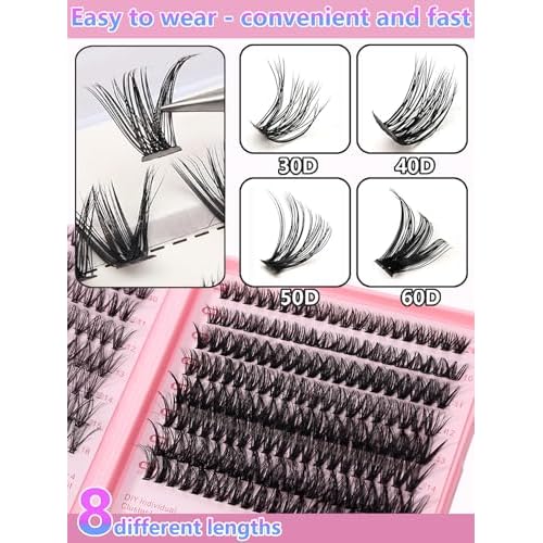 Lash Clusters Kit 640 Pcs, Eyelash Clusters Extensions Kit with Bond Glue & Remover, 9-16mm Individual Lashes D Curl Fluffy Wispy False Eyelashes (30D+40D+50D+60D Kit)