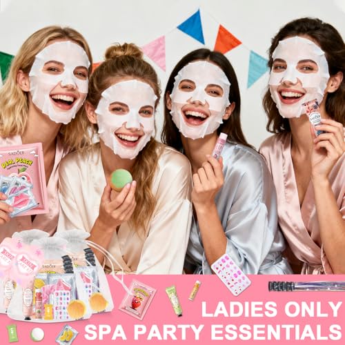 144 Pcs Spa Party Decorations for Girls, Spa Birthday Party Supplies Include Face Masks Skincare, Hand Cream, Lip Balm, Under Eye Patches, Lip Mask, Foot Bath Bombs, Press-on Nails and Hair Tinsel