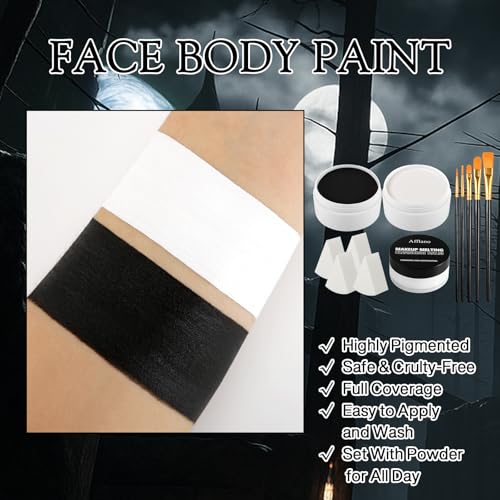 Black & White Face Paint Kit ? Large 50g Oil-Based Grease Makeup Jars with Remover, 5 Brushes & 4 Sponges ? Halloween, Cosplay & Stage SFX Makeup Set