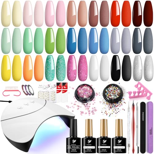 PHOENIXY Gel Nail Polish Set - 42Pcs Gel Nail Polish Kit with U V Light 21 All Season Colors Gel Nail Kit with Matte Gel Top Coat Nail Art Tools Nail Polish Set Gifts for Women