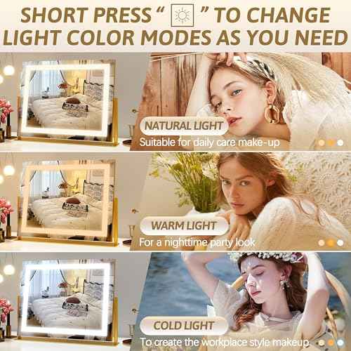 ROLOVE Vanity Mirror with Lights 22"x18", Lighted Makeup Mirror with 10X Magnification, Smart Touch 3 Colors Dimmable, 360¡Æ Rotation, Women Gift, Dresser Mount, Bathroom (Gold)
