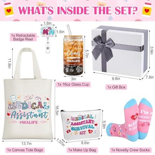 Mimorou 6 Pcs Medical Assistant Gift Set for Women Canvas Tote Bag Cosmetic Bag 16oz Glass Cup Pink Glitter Badge Reel Novelty Socks Unique Appreciation Gifts for Medical Assistants Nurse Week