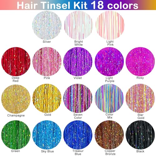 Hair Tinsel Kit 48 Inch, 18 Colors, 4320 Strands with Tools