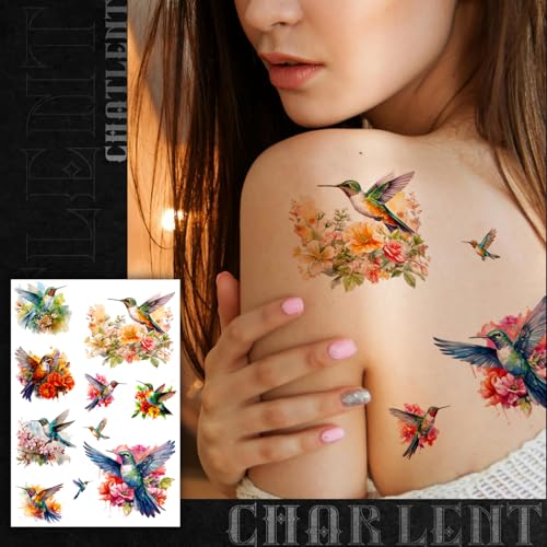 Watercolor Hummingbird Temporary Tattoos for Women - 9 Large Sheets Hummingbird Tattoo with Flowers, Waterproof Fake Body Art Birds Tattoo Stickers