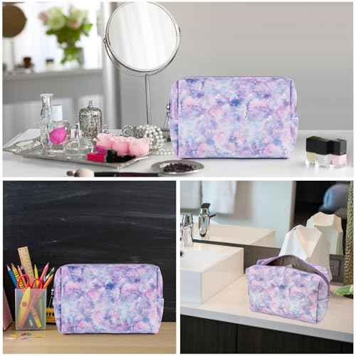 Makeup Bag For Girls, Travel Cosmetic Bag For Teens Girls Kids Cute Small Makeup Bag for Purse Waterproof Zipper Pouch, Tie Dye Purple