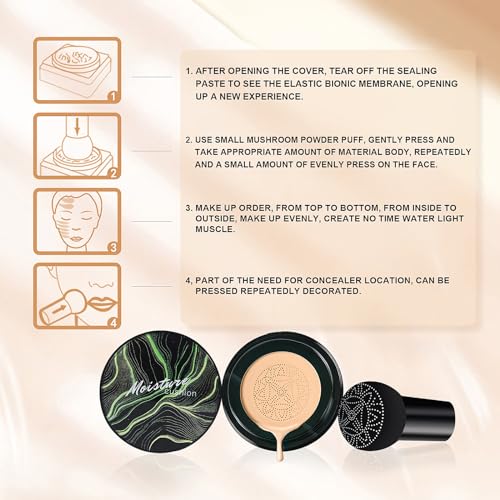 Mushroom Head Air Cushion CC Cream - Moisturizing & Oil Control BB Cream Foundation Create Long-Lasting, Waterproof Makeup Base Primer, Concealer Full Coverage for All Skin Types (Buff Beige)