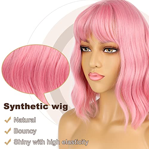 Pastel Pink Bob Wig with Bangs Loose Wavy Synthetic