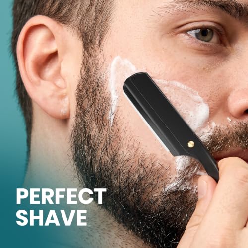Utopia Care Stainless Steel Straight Razor with 100 Blades, Black Handle, Professional Barber & Grooming Tool