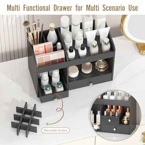 Large Makeup Organizer with Drawers, Bamboo Countertop Cosmetic Storage for Dresser Vanity Organizer Beauty Desk Skincare Holders Container Make Up Organizing for Lipstick