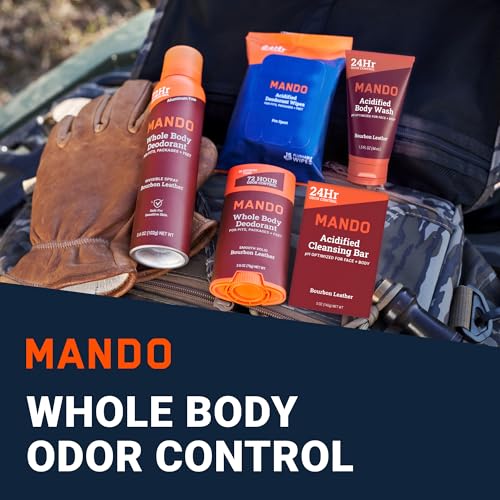 Mando Whole Body Starter Kit - 2.6oz Solid Stick, 3.6oz Spray, 1.5oz Acidified Body Wash, 5oz Acidified Cleansing Bar, 15ct Deodorant Wipes - Aluminum Free Odor Control - 5 pc Bundle (Bourbon Leather)