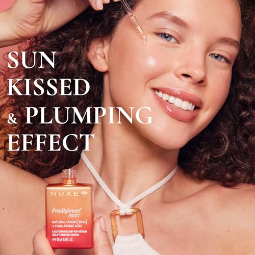 NUXE Prodigieuse Boost Self-Tanning Face adn Neck Serum with Hyaluronic Acid and 100% Natural DHA for a Gradual, Radiant Glow, 1.0 Fl Oz