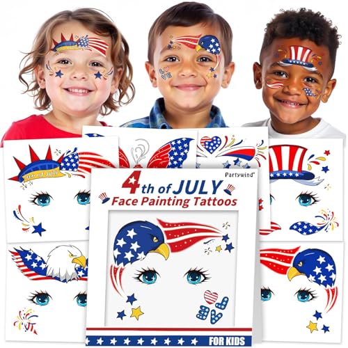 Patriotic Temporary Tattoos for Kids, 12 Sheets 4th of July Face Stickers