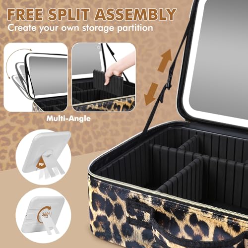 Large Travel Makeup Bag with LED Detachable Mirror - Leopard, Extra Large, Waterproof