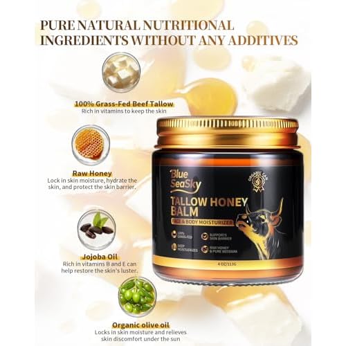 Upgraded Beef Tallow for Skin Handmade Whipped Organic Grass-Fed Tallow and Honey Balm for Eczema & Rosacea,Non-Comedogenic,Beef Tallow Face Moisturizer for Dry, Sensitive Skin(4oz Unscented)