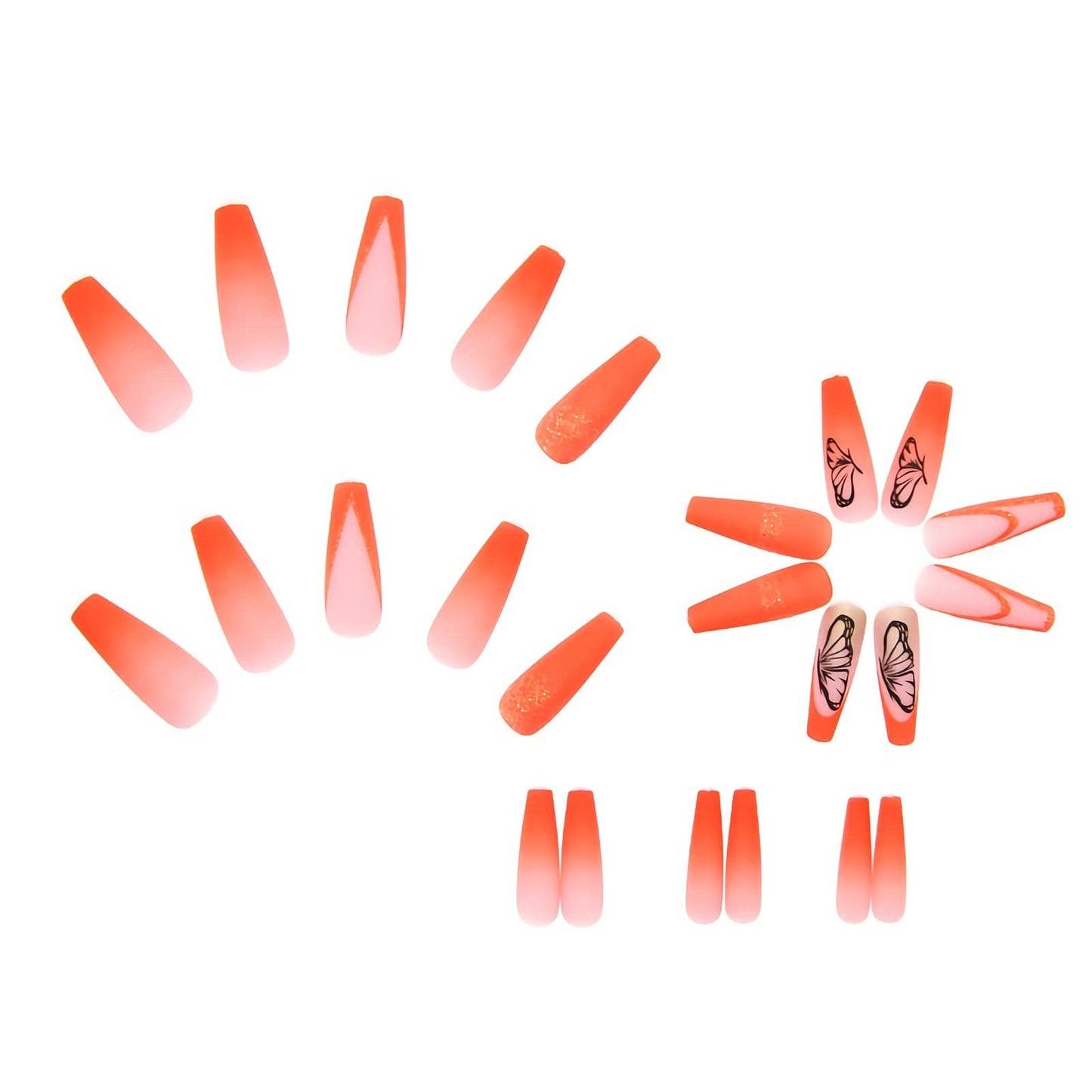 BABALAL Coffin Press on Nails Long Fake Nails Orange Matte Glue on Nails Butterfly Ballerina Acrylic Nails 24Pcs with Summer Nails Designs Full Cover Nails