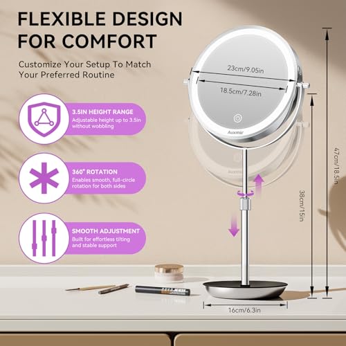 Auxmir 9" Large Lighted Makeup Mirror with Magnification, 1X/30X Double Sided Magnifying Mirror with Adjustable Height, Rechargeable Vanity Mirror with 3 Color Dimmable Lights, 360¡Æ Rotation